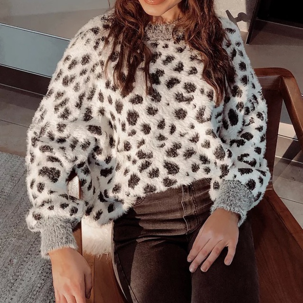 Oversized Black and White Leopard Fuzzy Sweater